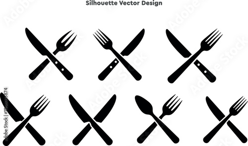 Silhouette set of crossed knives and dining fork cutlery. Vector set of restaurant eating tools and table setting symbols. Dinner silverware icons. Professional vector illustration