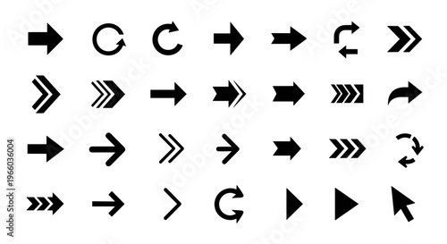 Collection of diverse black arrows and navigation symbols on white background