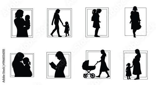 Diverse motherhood silhouettes holding baby walking child pregnant reading