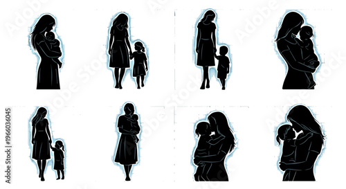 Silhouette collection mother and child embracing nurturing and loving moments