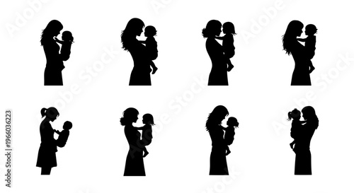 Collection of diverse mother and child silhouettes embracing symbolizing love