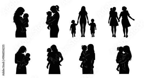 Collection of diverse motherhood silhouettes holding baby embracing child walking