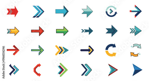 Collection of diverse directional arrow icons in various styles and colors