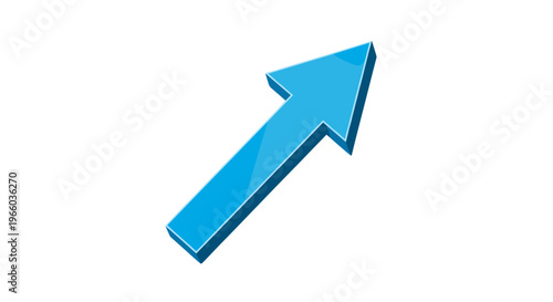 Bright blue arrow pointing upwards and forwards with glossy finish against white