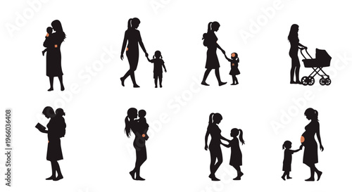 Diverse motherhood silhouettes carrying walking strolling and pregnancy moments