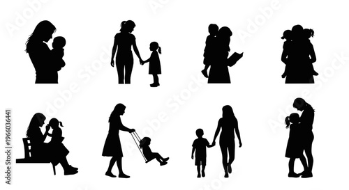 Diverse mother and child silhouette poses showcasing love care and family bonds