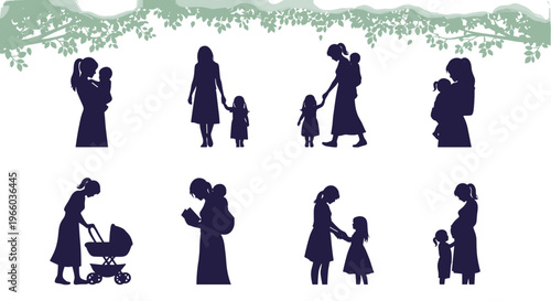 Diverse motherhood silhouettes holding walking carrying and caring for children