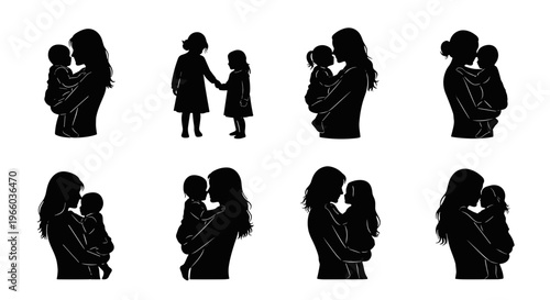 Diverse mother and child silhouettes depicting love nurturing and family bonds