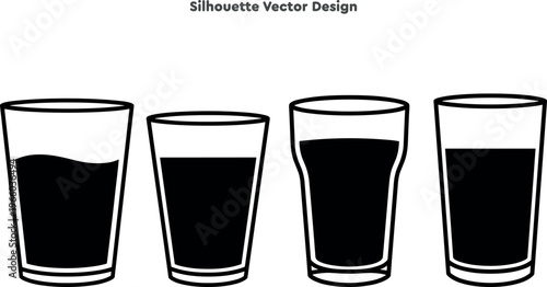 Silhouette set of drinking glasses and water tumblers. Vector set of beverage glassware and hydration liquid symbols. Refreshment icons for kitchenware. Professional vector illustration