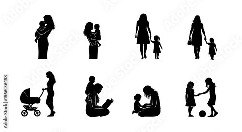 Diverse silhouette illustrations of mothers and children in various tender moments