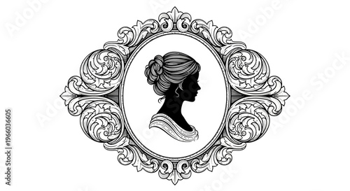 Elegant victorian style silhouette with ornate floral frame