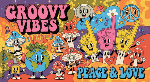 Retro groovy cartoon design embracing peace and love with fun characters