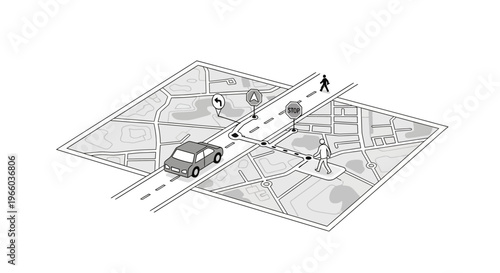 Isometric city map with car and pedestrians on roads