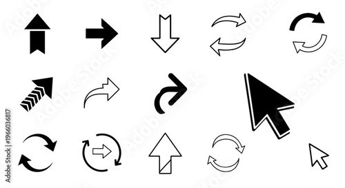 Collection of various black and white arrow and cursor icons on white background