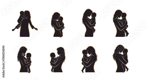 Collection of silhouette mother holding baby icon set family love concept warmth