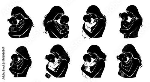 Mother and child silhouettes tender embrace collection for family love concepts