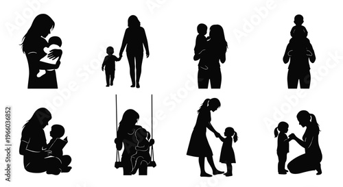 Diverse silhouettes of mothers embracing and interacting with children
