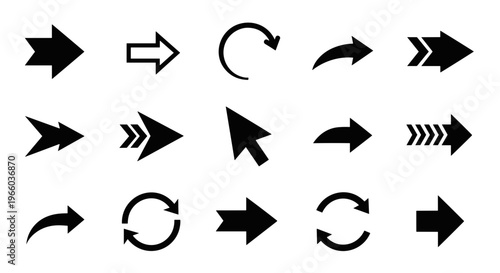 Collection of diverse arrow icons and cursor pointer symbol on white background