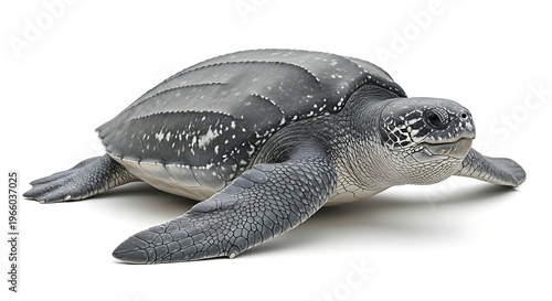 A large leatherback sea turtle, with its distinct ridged shell, is depicted in a studio shot.
