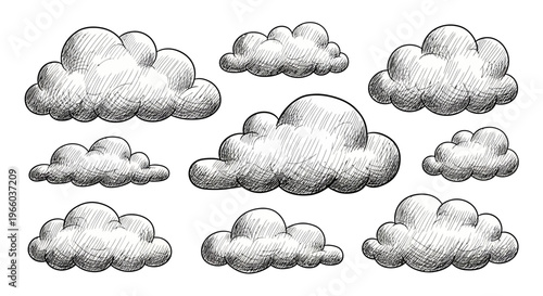 Sketch style cloud set with hand drawn shading and line art details