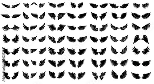 Variety of black silhouette wings collection for design projects