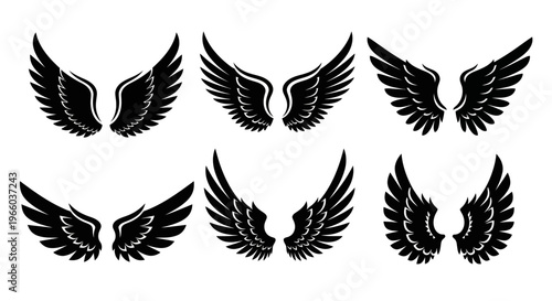 Set of black wing silhouettes: angelic designs for tattoo or logo inspiration