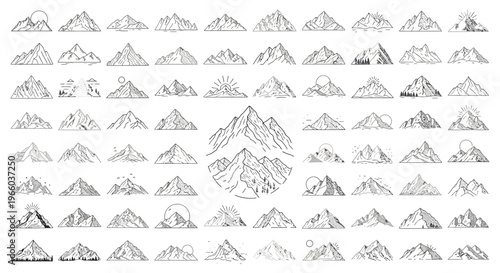Mountain range set featuring various artistic styles and designs