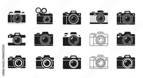 Set of camera icons in flat and linear styles for digital design projects