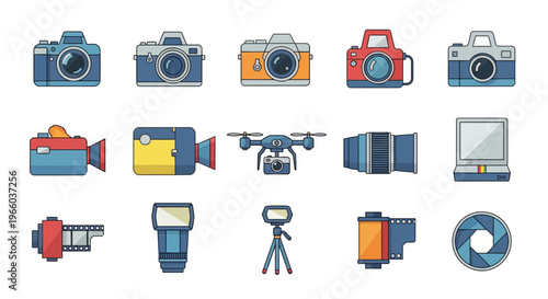 Colorful icon set of photography and filmmaking equipment in flat design