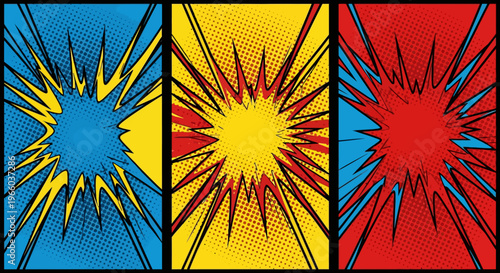 Vibrant comic style explosive pop art panels with bold colors