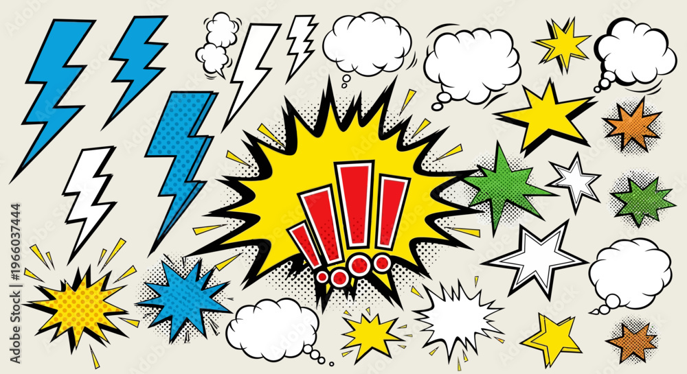 Naklejka premium Colorful comic style pop art elements with speech bubbles and dynamic explosions
