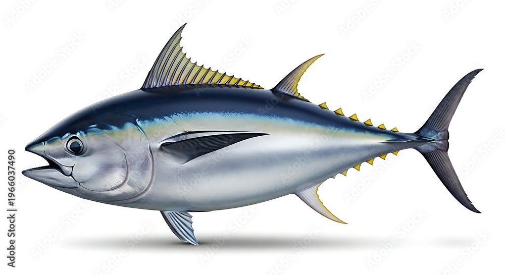 Fototapeta premium A large yellowfin tuna fish with metallic blue and silver colors swimming majestically in the ocean.