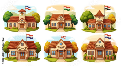 Charming cartoon school buildings with flags and lush greenery