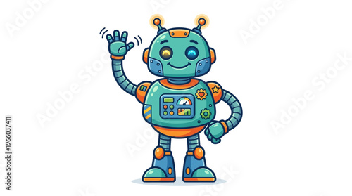 Smiling robot with orange accents waving.