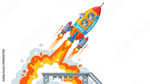 Colorful Cartoon Rocket Ship Launching.