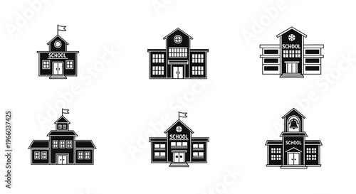 Set of classic school building icons in black and white