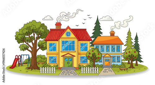 Colorful suburban neighborhood with houses and trees in cartoon style
