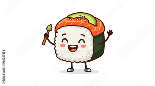 Smiling sushi cartoon character with chopsticks.
