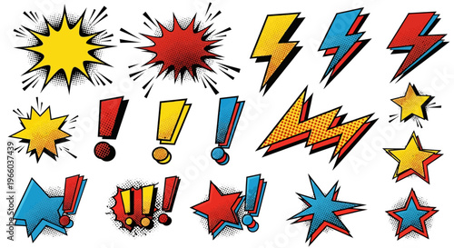 Comic style pop art bursts and symbols with halftone effect