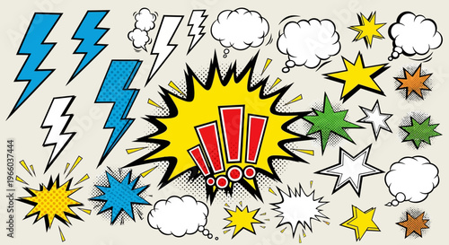 Colorful comic style pop art elements with speech bubbles and dynamic explosions