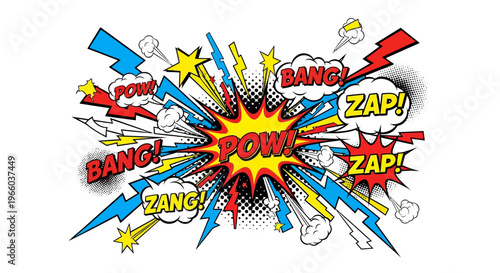 Explosive comic book style action with colorful words and dynamic effects