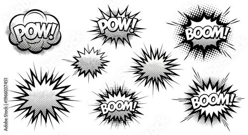 Comic book style explosions and sound effects with dynamic text elements