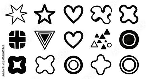 Diverse geometric shape set featuring hearts and stars for modern creative design