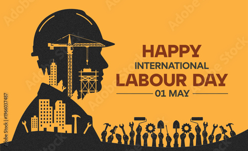 Happy International Labour Day 1 May Poster with Construction Worker Silhouette and City Skyline