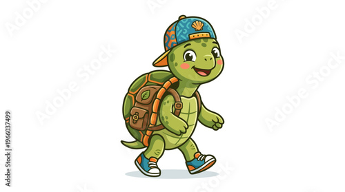 Smiling turtle wearing a cap.