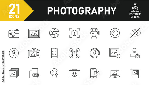 Photography line icon set. Set of 21 outline icons related to photo, photographer, camera, flash, picture, shutter, gallery and others. Editable stroke. Vector illustration.
