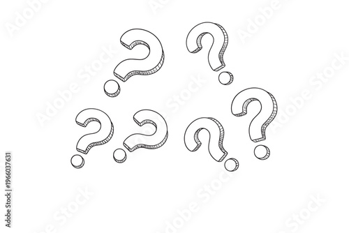 A collection of hand drawn question marks scattered across a white background representing uncertainty high quality