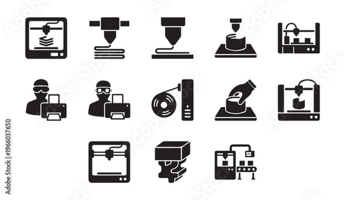 3D printer icons: technology, manufacturing, and innovation concepts