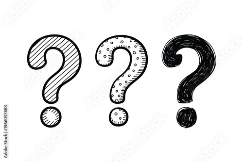 Three hand drawn question marks with varying styles and textures are presented on a white background