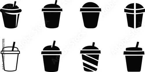 Coffee cup with straws in various styles. Coffee cup lid icon set, disposable drink cup with lid and angled straw icon, Vector illustration !	
